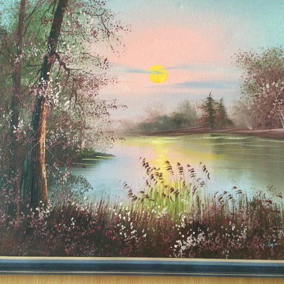 Original landscape painting on canvas lake side signed professionally framed - Picture 5 of 12